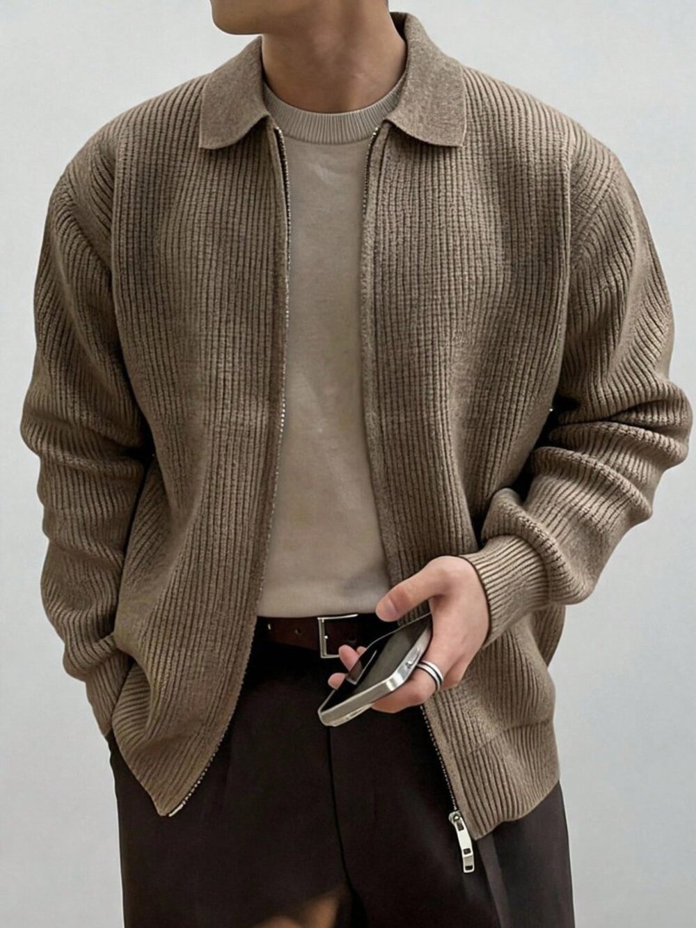 Coffee Brown Casual Men's Cardigan Sweater With Turndown Collar